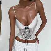 BXOXO  Sexy Mesh Stitching Transparent Corset Top Women Vintage 2000s Lace Patchwork Camis Club Party Tees Holiday y2k Aesthetic